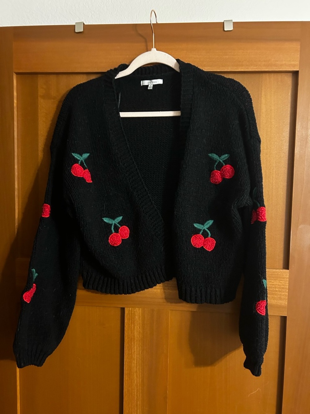 Love Tree Black Open-Front Sweater Cardigan with Red Cherry Embroidery